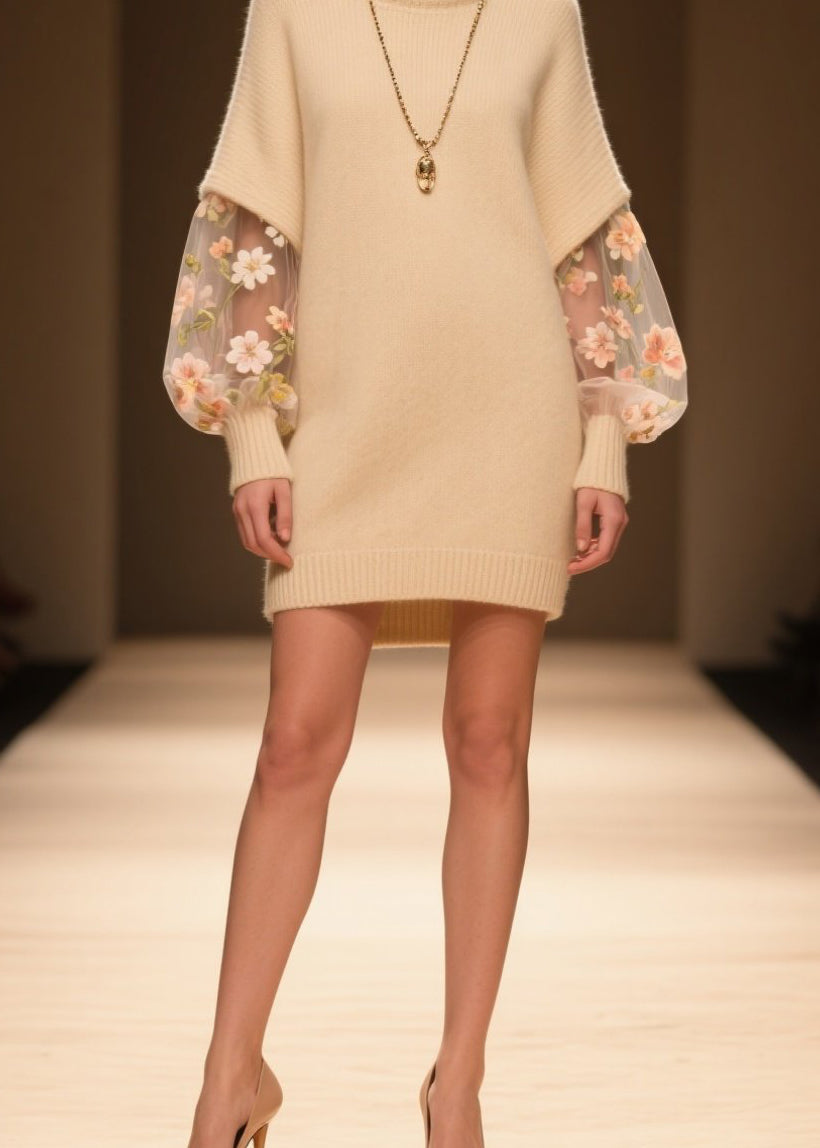 Turtleneck Knit Tulle Floral Embroidered Bishop Sleeve Mini Dress - View 4