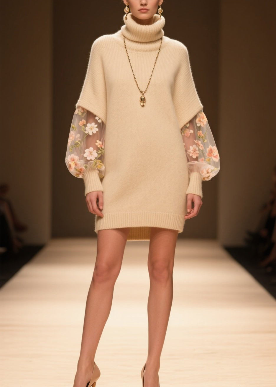 Turtleneck Knit Tulle Floral Embroidered Bishop Sleeve Mini Dress - View 5