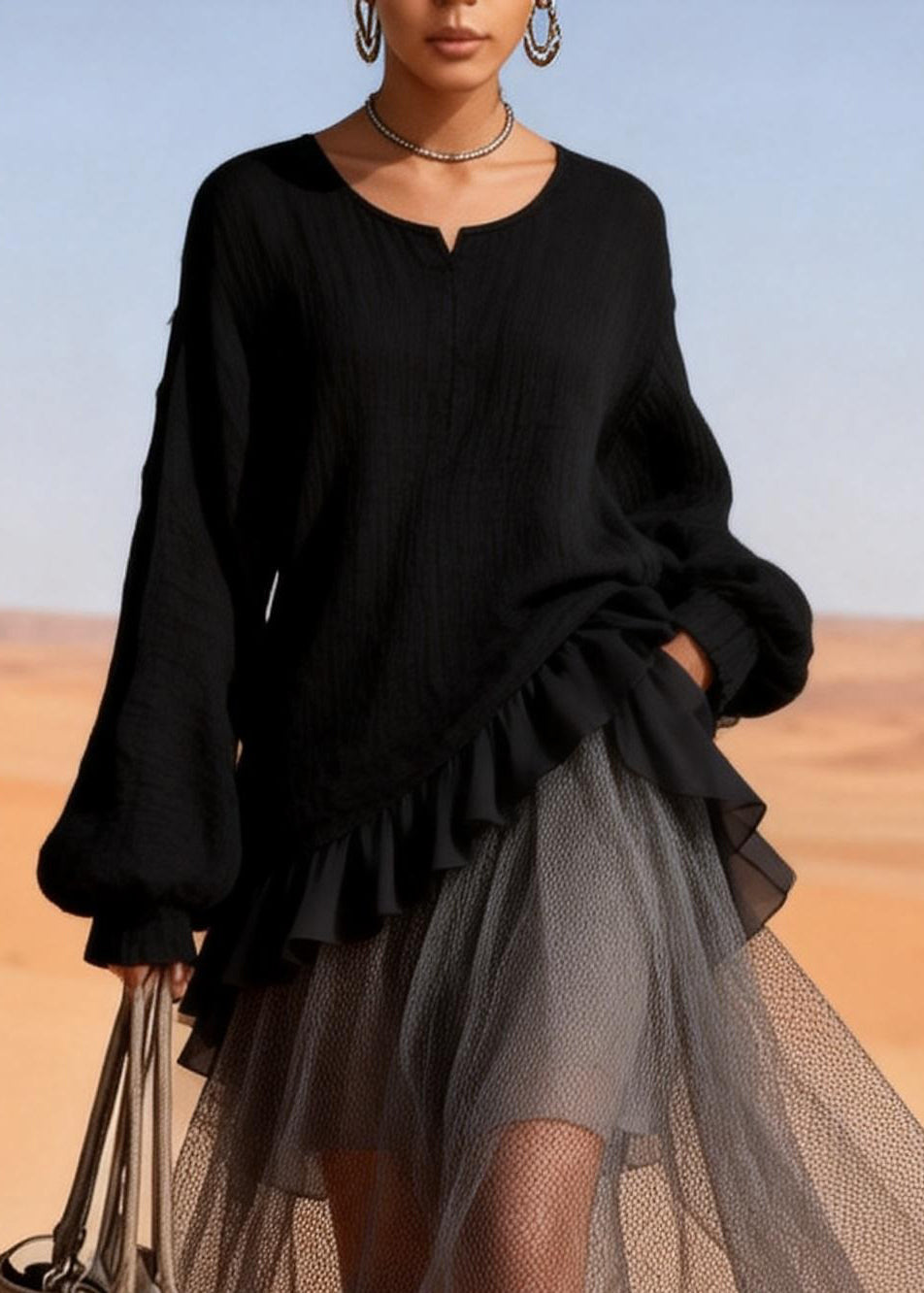 Beautiful Black O-Neck Ruffled Patchwork Tulle Dresses Spring - View 2