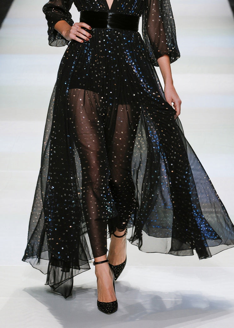 Sequin Deep V-Neck Long Sleeve Belted Tulle Maxi Gown - View 4
