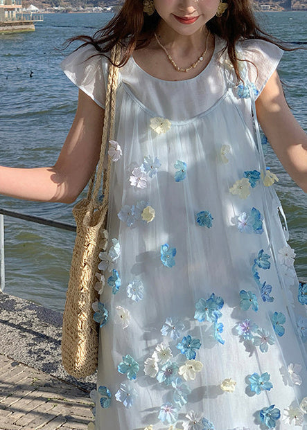 Beautiful Blue Floral Chiffon Long Dresses Two Piece Set - View 5