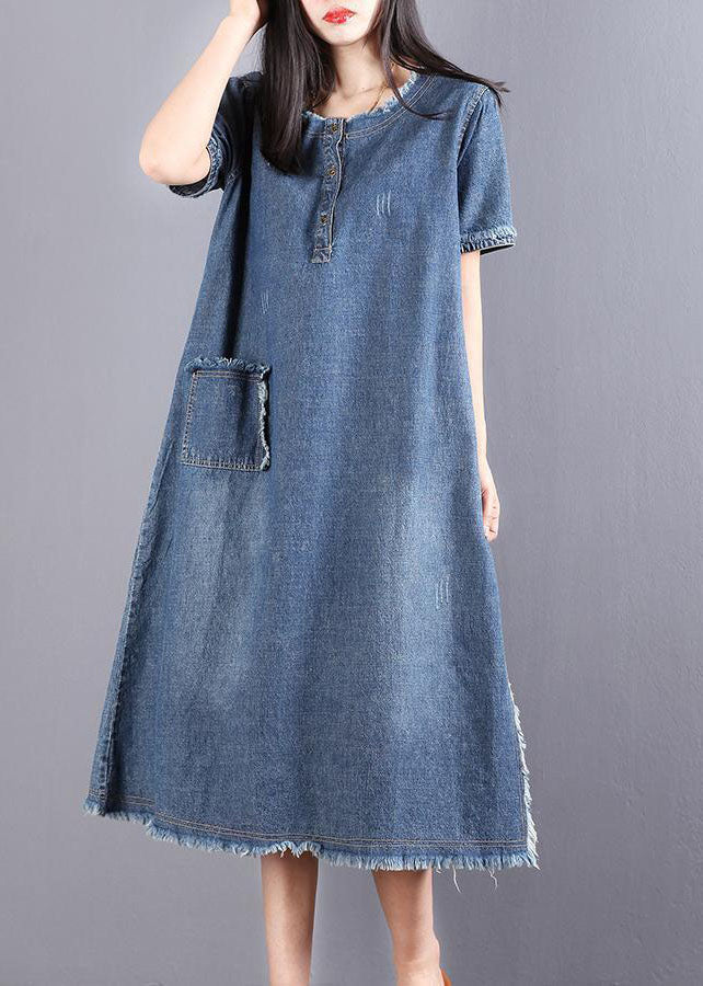 Denim Henley Button Short Sleeve Patch Pocket Frayed Edge Midi Dress - View 4