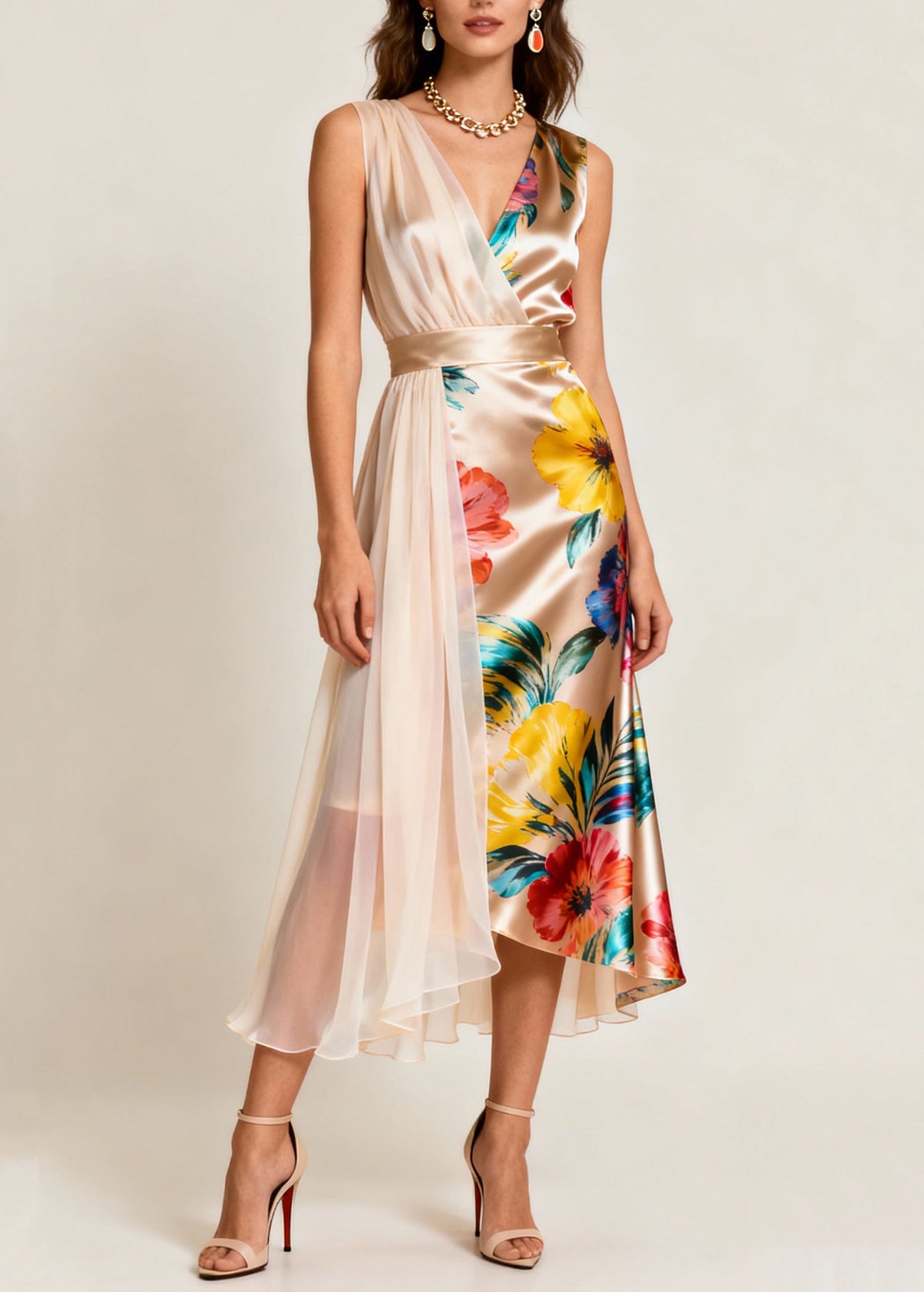 Floral Satin Surplice V-Neck Sheer Pleated Panel Midi Dress