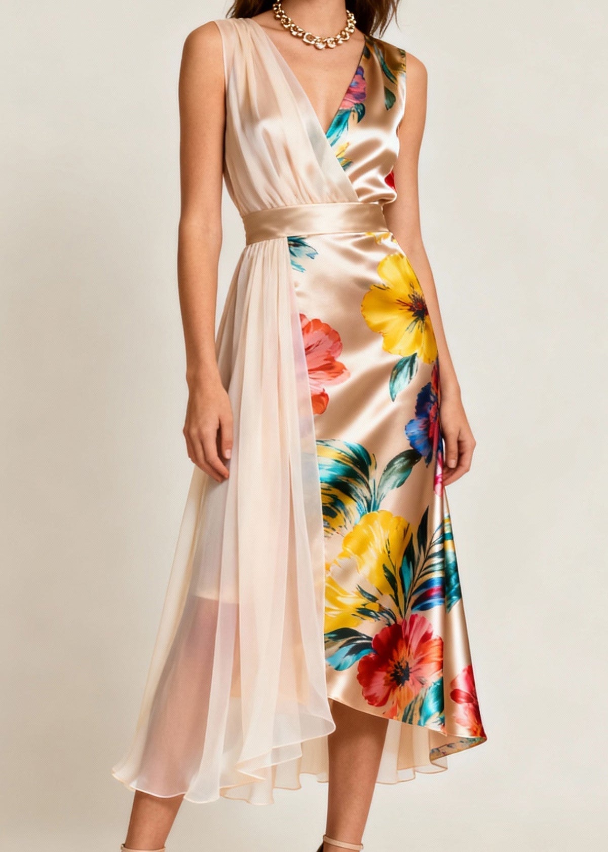Floral Satin Surplice V-Neck Sheer Pleated Panel Midi Dress - View 5