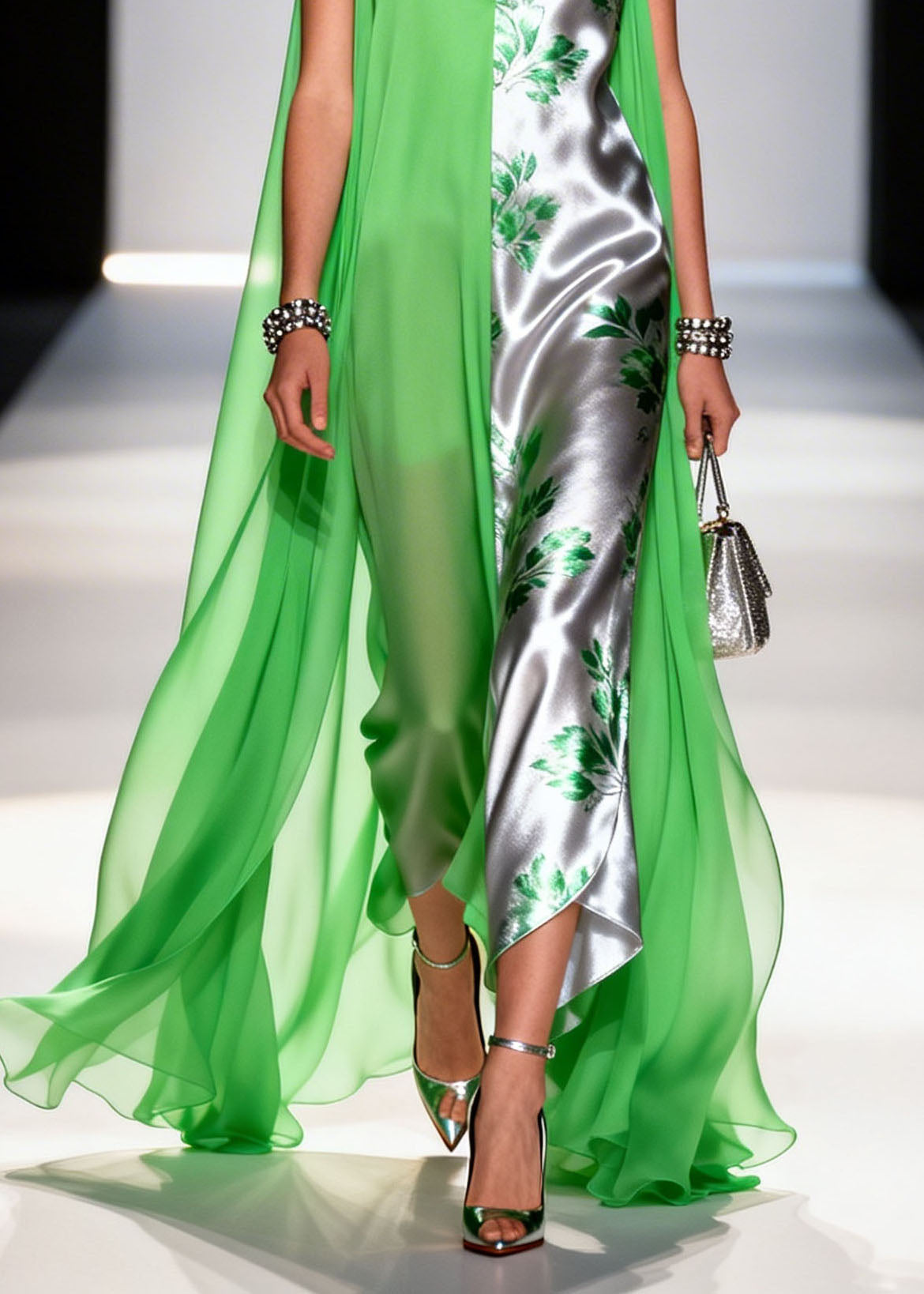 Leaf Print Split Panel Cape Overlay Deep V-Neck Asymmetric Gown - View 4