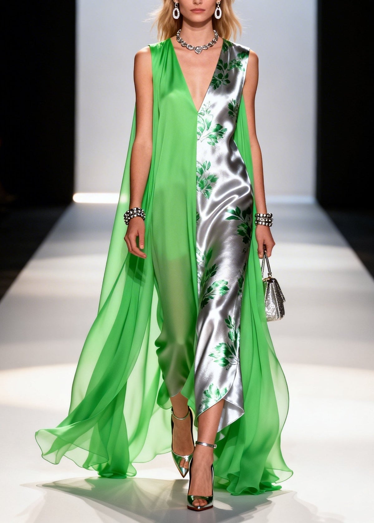 Leaf Print Split Panel Cape Overlay Deep V-Neck Asymmetric Gown - View 5