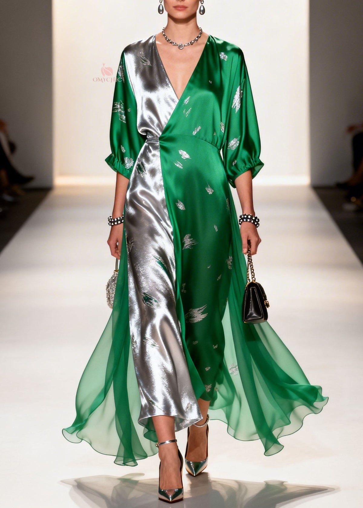 Colorblock Satin Abstract Embroidery Deep V-Neck Maxi Gown - View 3