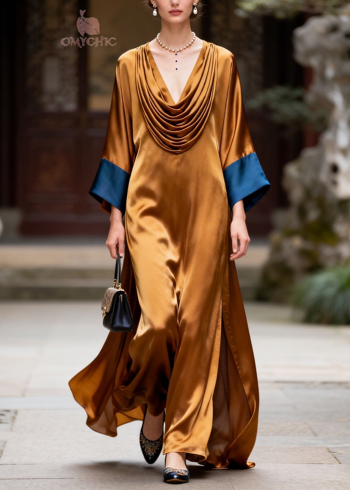 Satin Cowl Neck Draped Sleeve Contrast Cuff High Split Maxi Gown - View 5