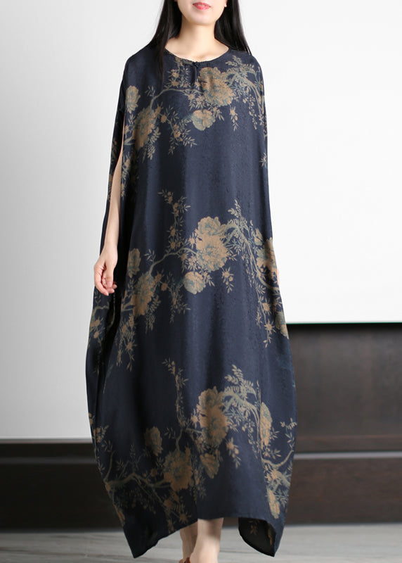 Round Neck Floral Print Satin Cocoon Maxi Dress