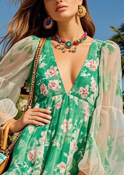 Floral Print Deep V-Neck Sheer Lantern Sleeve Tiered Ruffle Mini Dress - View 2