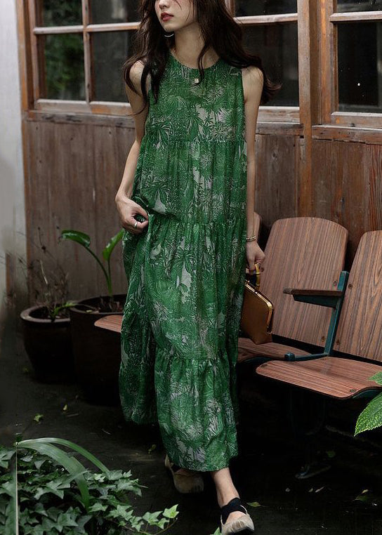Tropical Palm Leaf Print Crew Neck Sleeveless Tiered Maxi Dress - View 2
