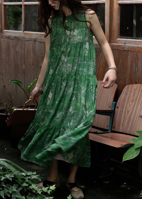 Tropical Palm Leaf Print Crew Neck Sleeveless Tiered Maxi Dress - View 3