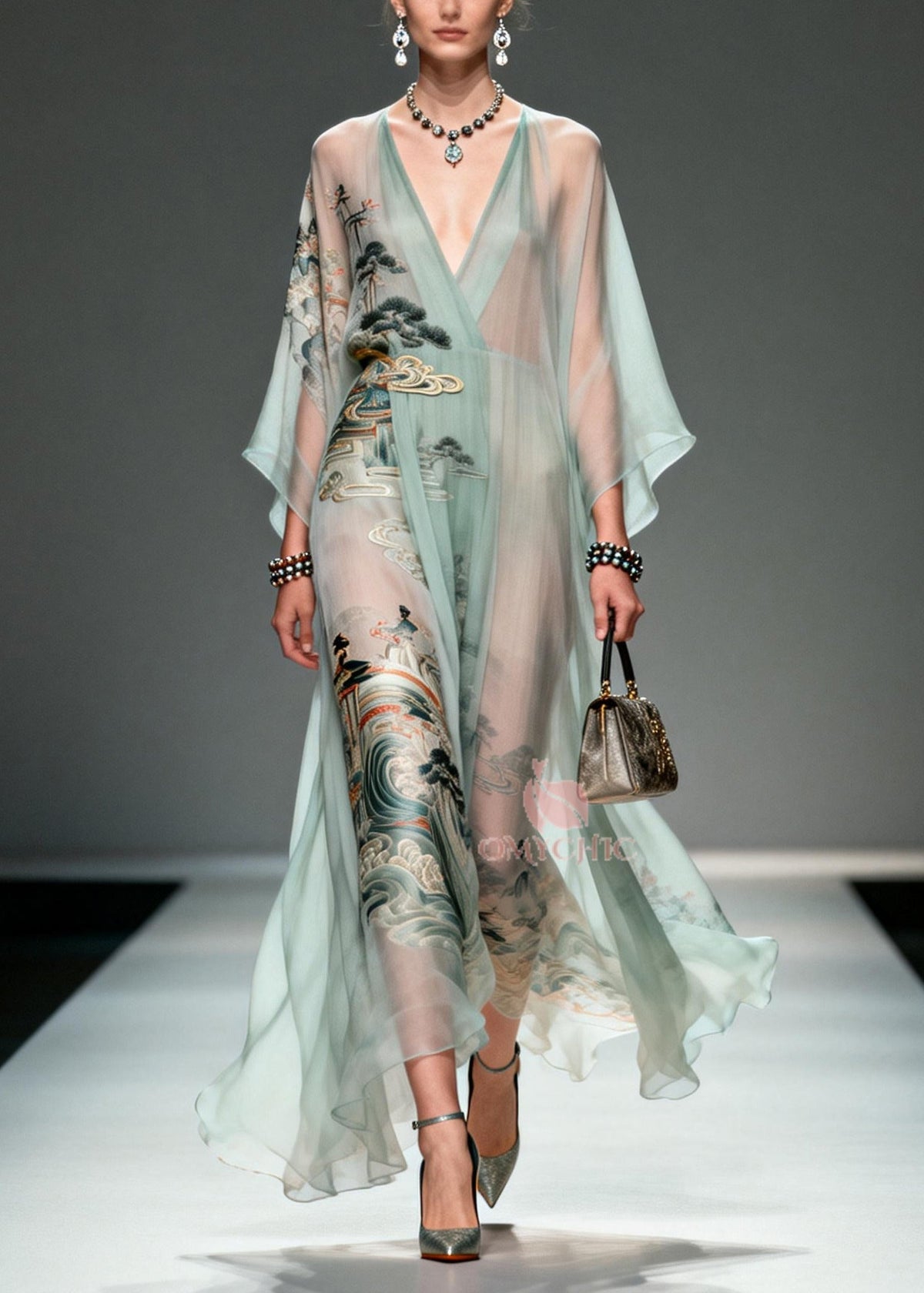 Chiffon Deep V-Neck Bell Sleeve Metallic Embroidered Maxi Gown - View 3