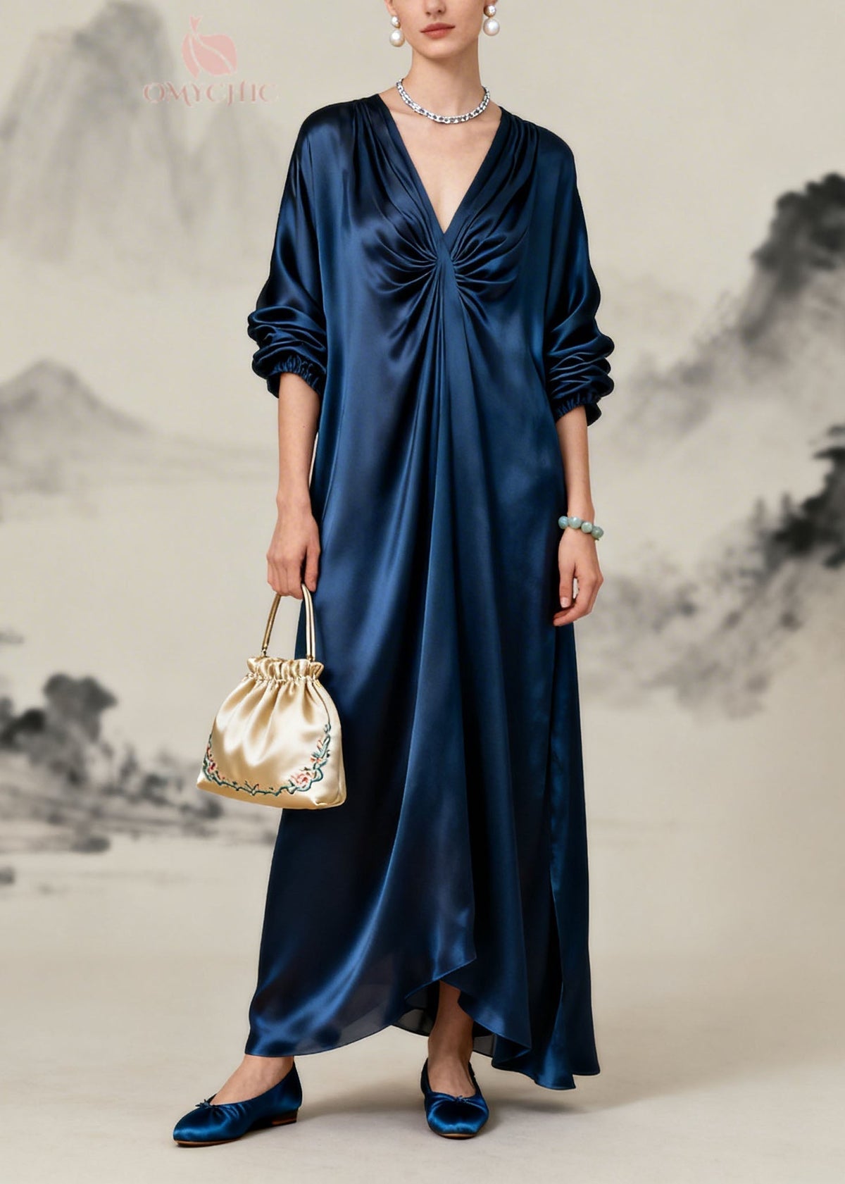 Satin Deep V-Neck Ruched Knot Long Sleeve Lantern Sleeve Maxi Gown - View 5
