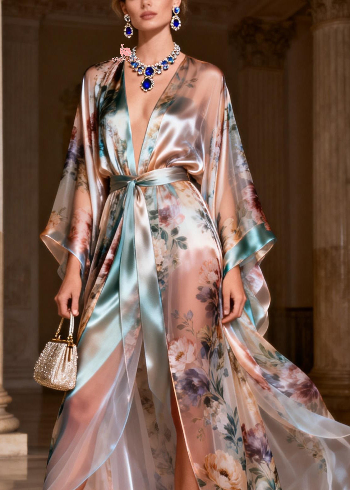 Satin Deep V-Neck Kimono Sleeve Floral Print Wrap Tie High Split Maxi Gown - View 2