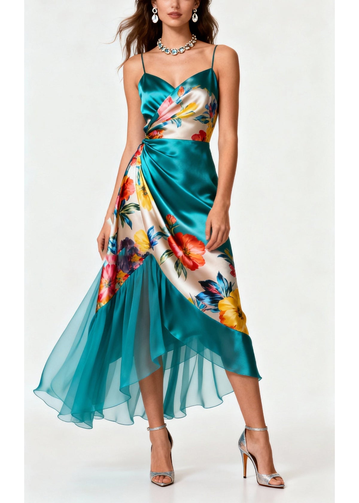 Floral Print Spaghetti Strap Wrap V-Neck Ruched Tulle Midi Dress - View 3