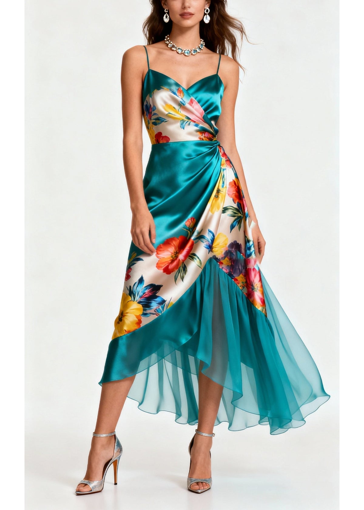 Floral Print Spaghetti Strap Wrap V-Neck Ruched Tulle Midi Dress - View 5