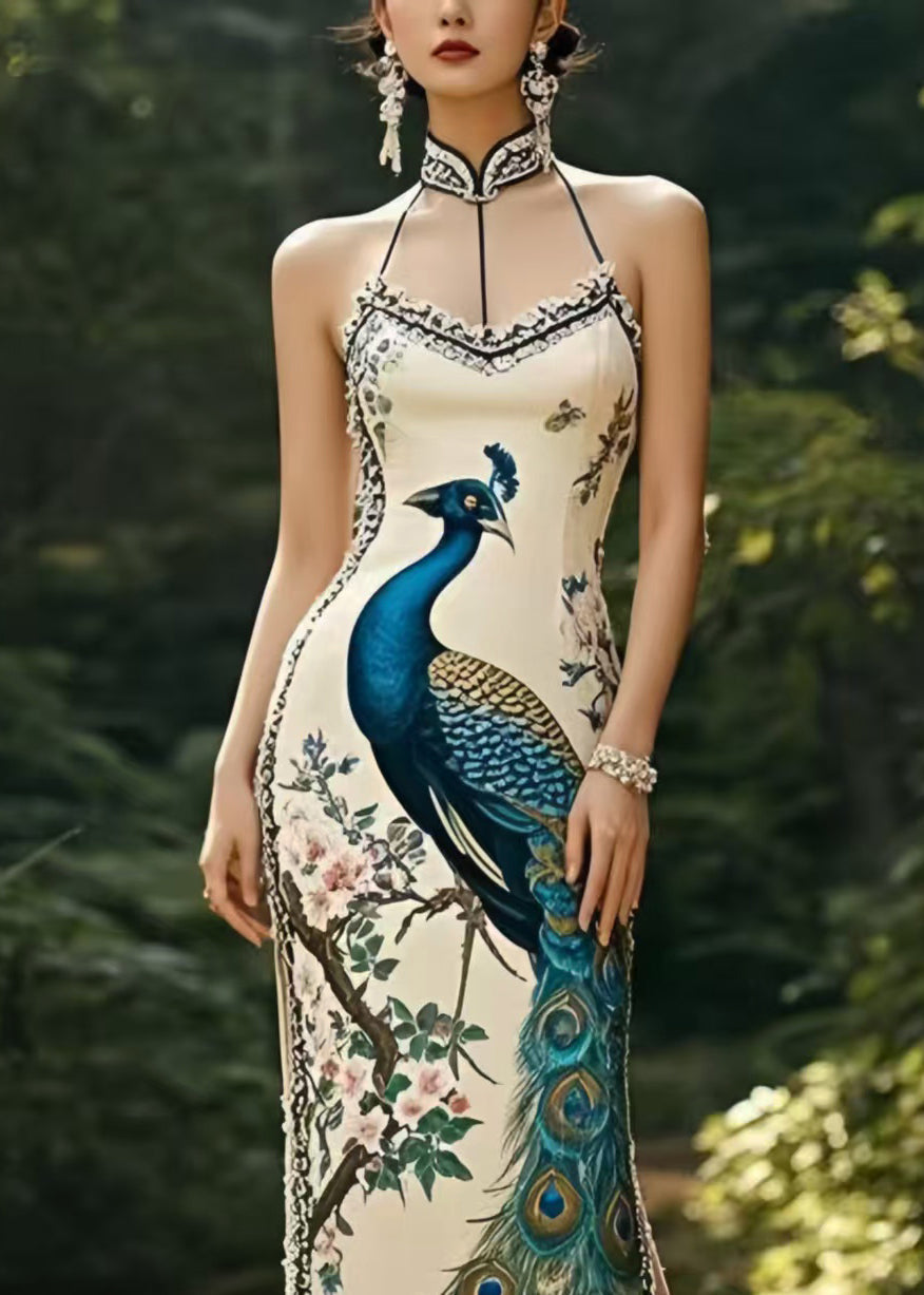 Peacock Print Halter Neck Mandarin Collar Column Maxi Gown - View 2