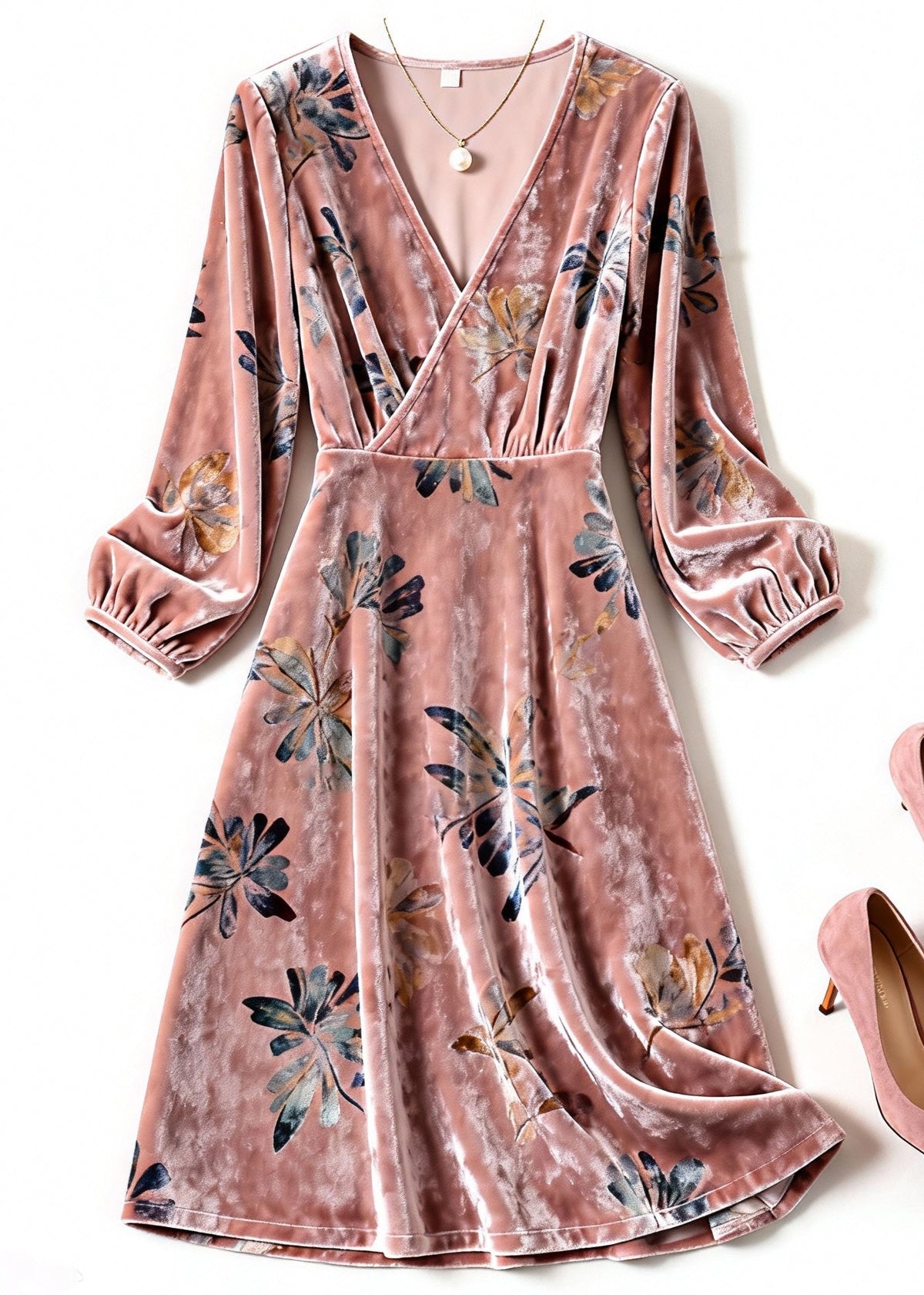 Floral Print Velvet Deep V-Neck Wrap Long Sleeve A-Line Midi Dress - View 3