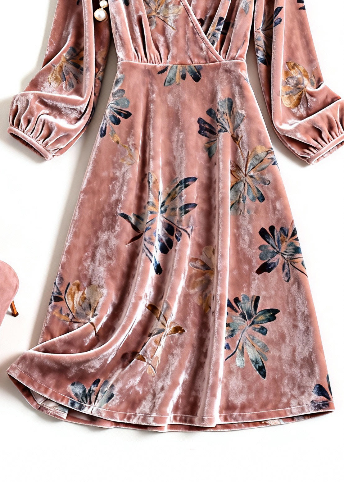 Floral Print Velvet Deep V-Neck Wrap Long Sleeve A-Line Midi Dress - View 4