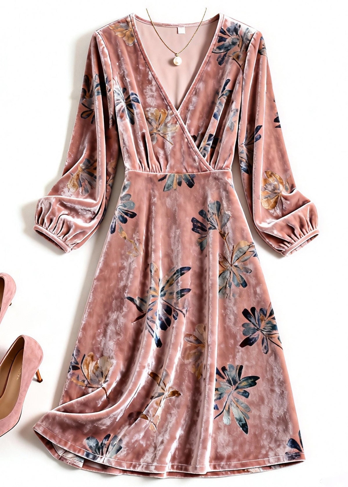 Floral Print Velvet Deep V-Neck Wrap Long Sleeve A-Line Midi Dress - View 5