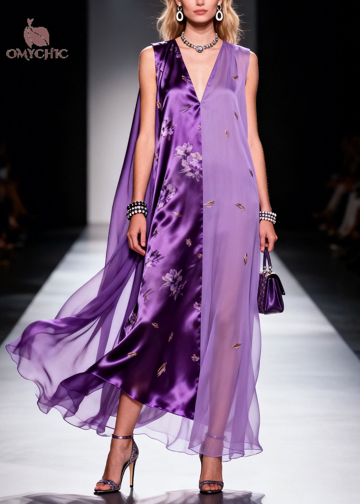 Sleeveless Deep V-Neck Floral Satin Embroidered Sheer Panel Cape Gown - View 5