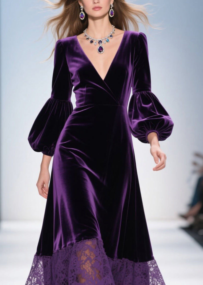 Velvet Lace Hem Wrap Deep V-Neck Balloon Sleeve Maxi Dress - View 2