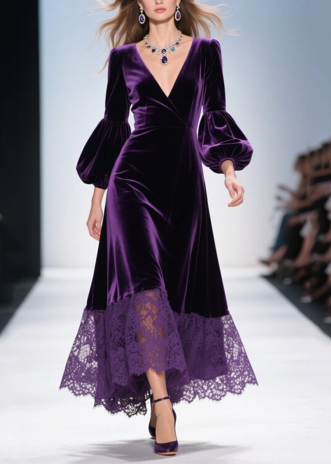 Velvet Lace Hem Wrap Deep V-Neck Balloon Sleeve Maxi Dress - View 5