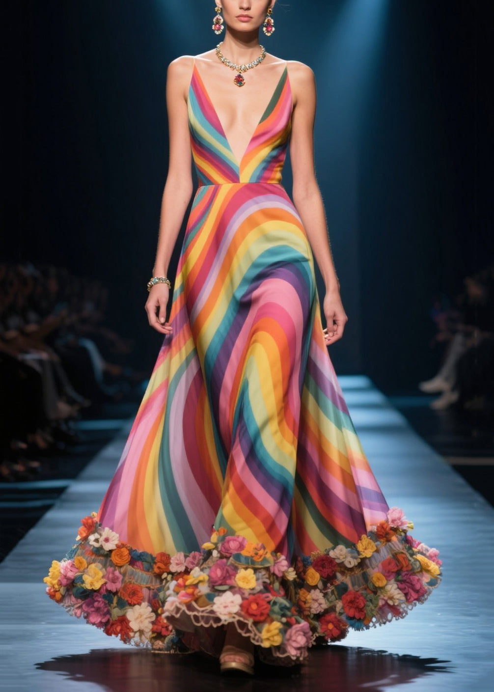 Wavy Stripe Print Deep V-Neck Spaghetti Strap 3D Floral Gown - View 3