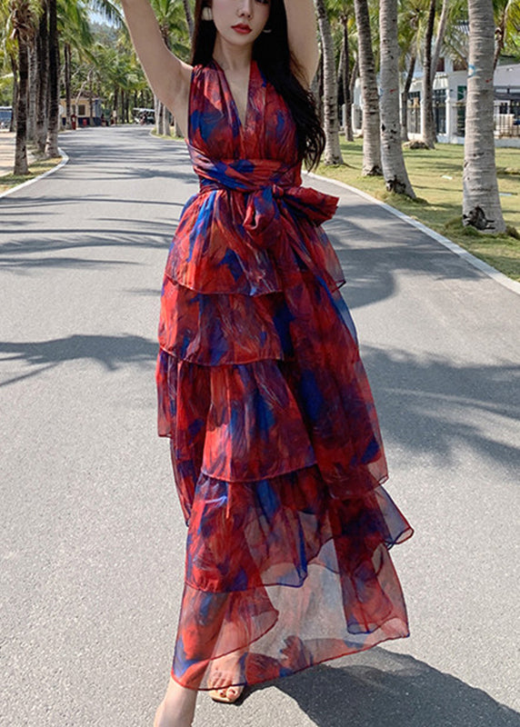 Beautiful Red V Neck Print Chiffon Tunic Maxi Dresses Summer - View 2