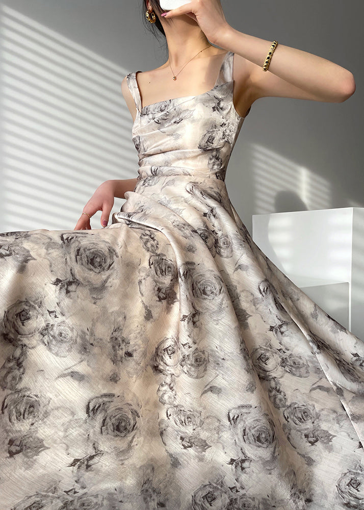 Beautiful Square Collar Zippered Print Chiffon Maxi Dresses Sleeveless - View 3