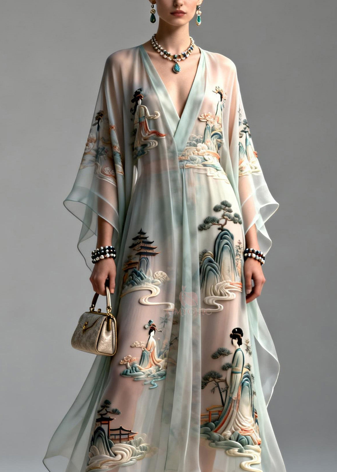 3D Embroidered Landscape Deep V-Neck Sleeve Maxi Gown - View 2