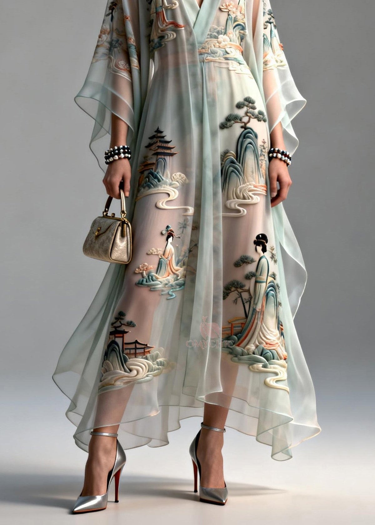 3D Embroidered Landscape Deep V-Neck Sleeve Maxi Gown - View 4