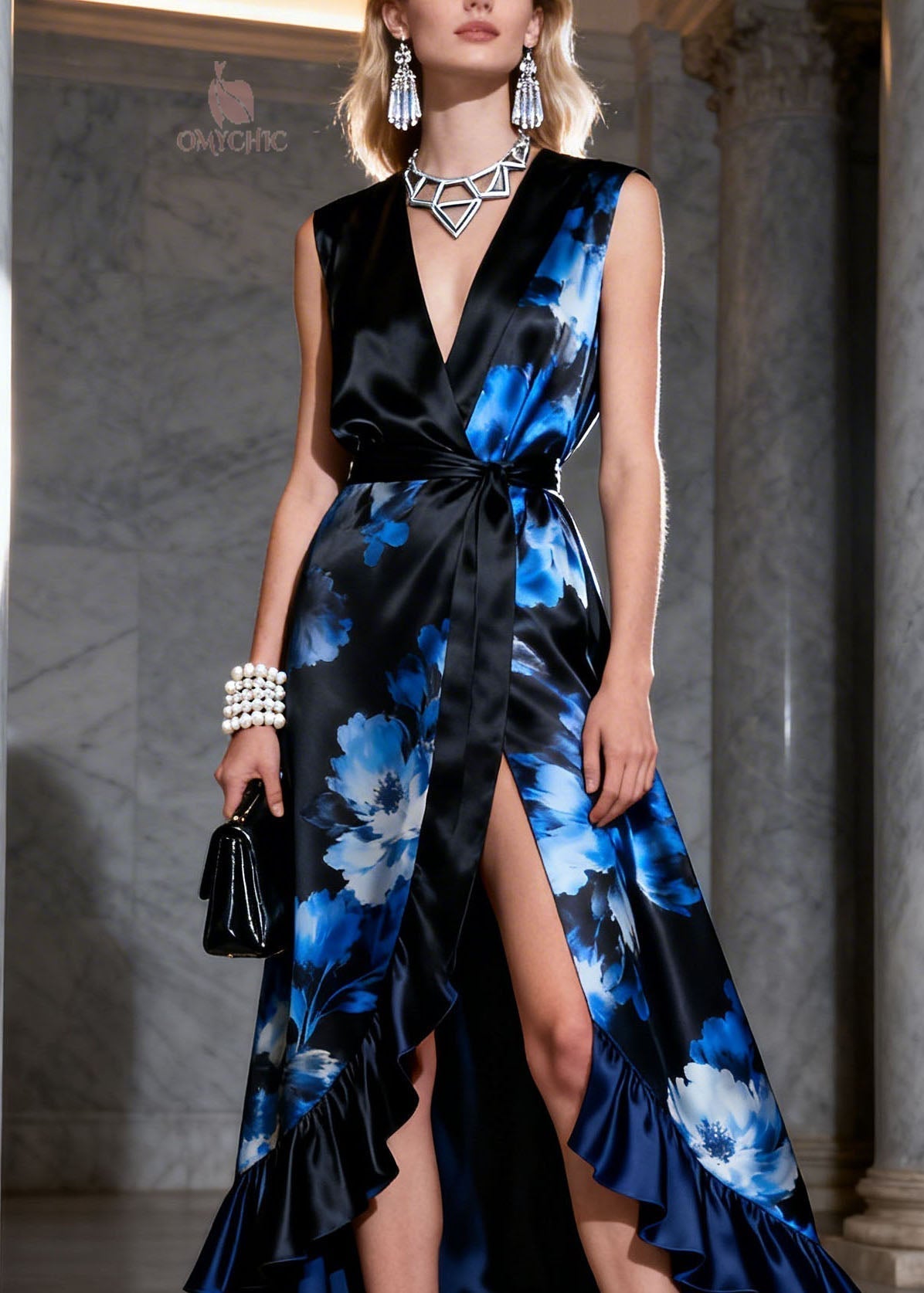 Satin Floral Wrap Deep V-Neck Sleeveless High Low Ruffle Hem Maxi Gown - View 2