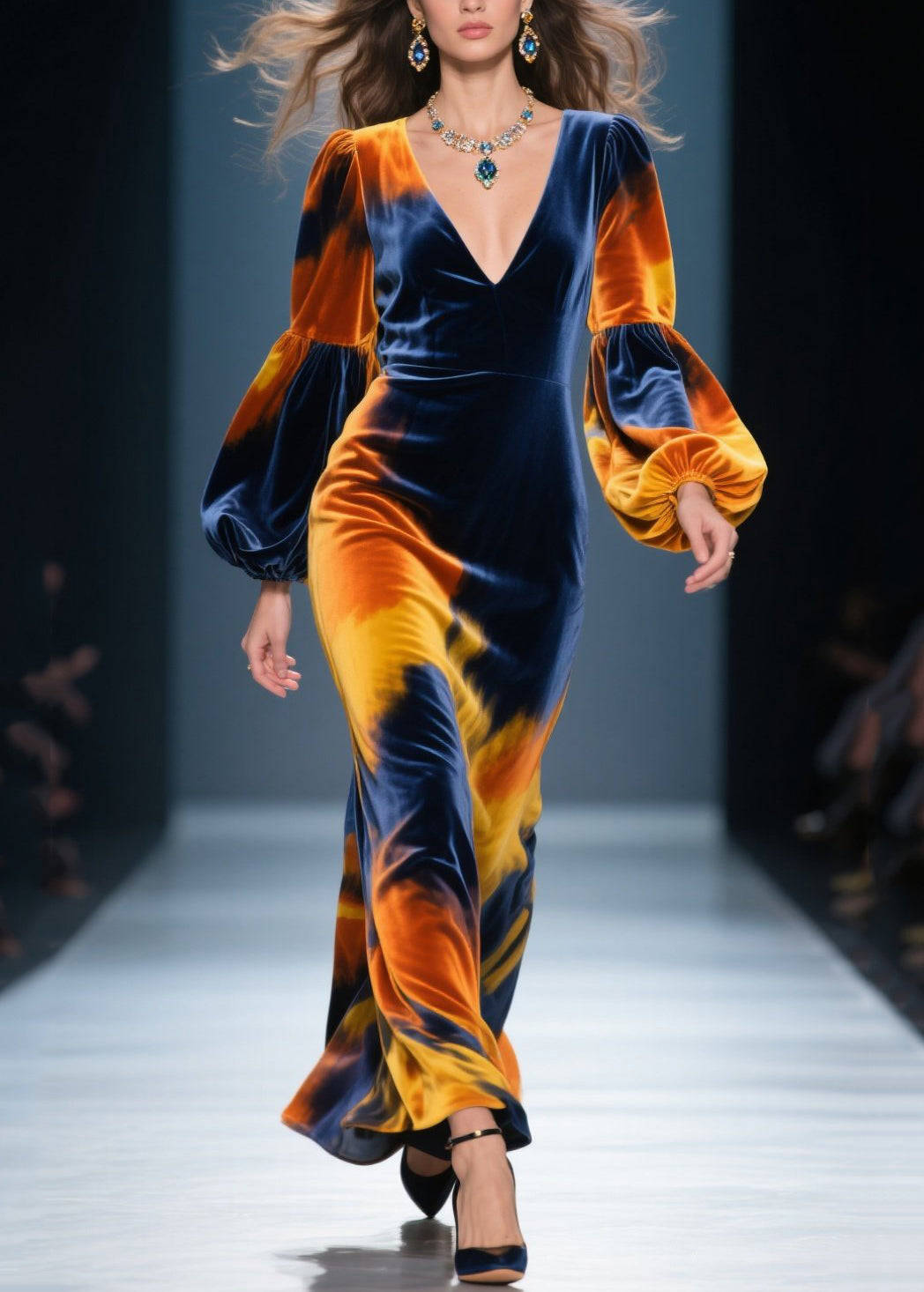 Velvet Tie Dye Lantern Sleeve Deep V-Neck Maxi Gown - View 5