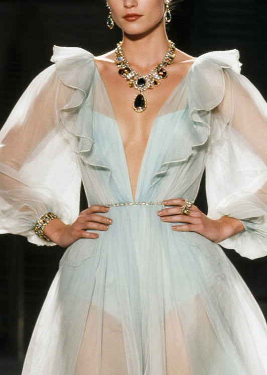 Organza Deep V-Neck Puff Sleeve Ruffle Fit and Flare Midi Dress - View 2