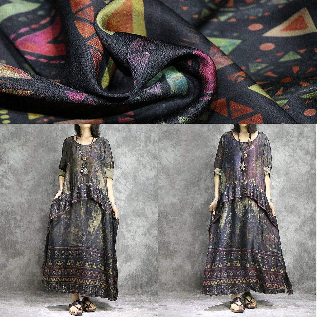 Geometric Border Abstract Print Layered Asymmetrical Maxi Dress - View 5