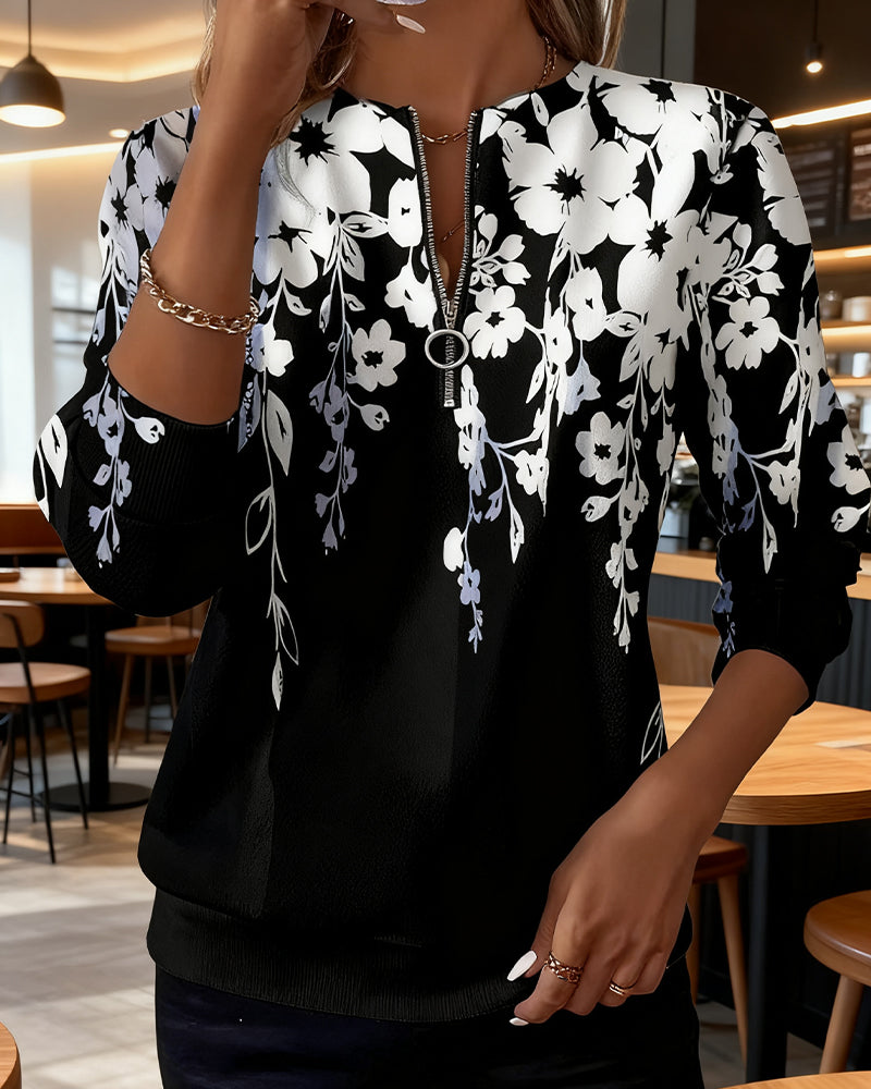 Floral Print Quarter Zip Long Sleeve Pullover Top