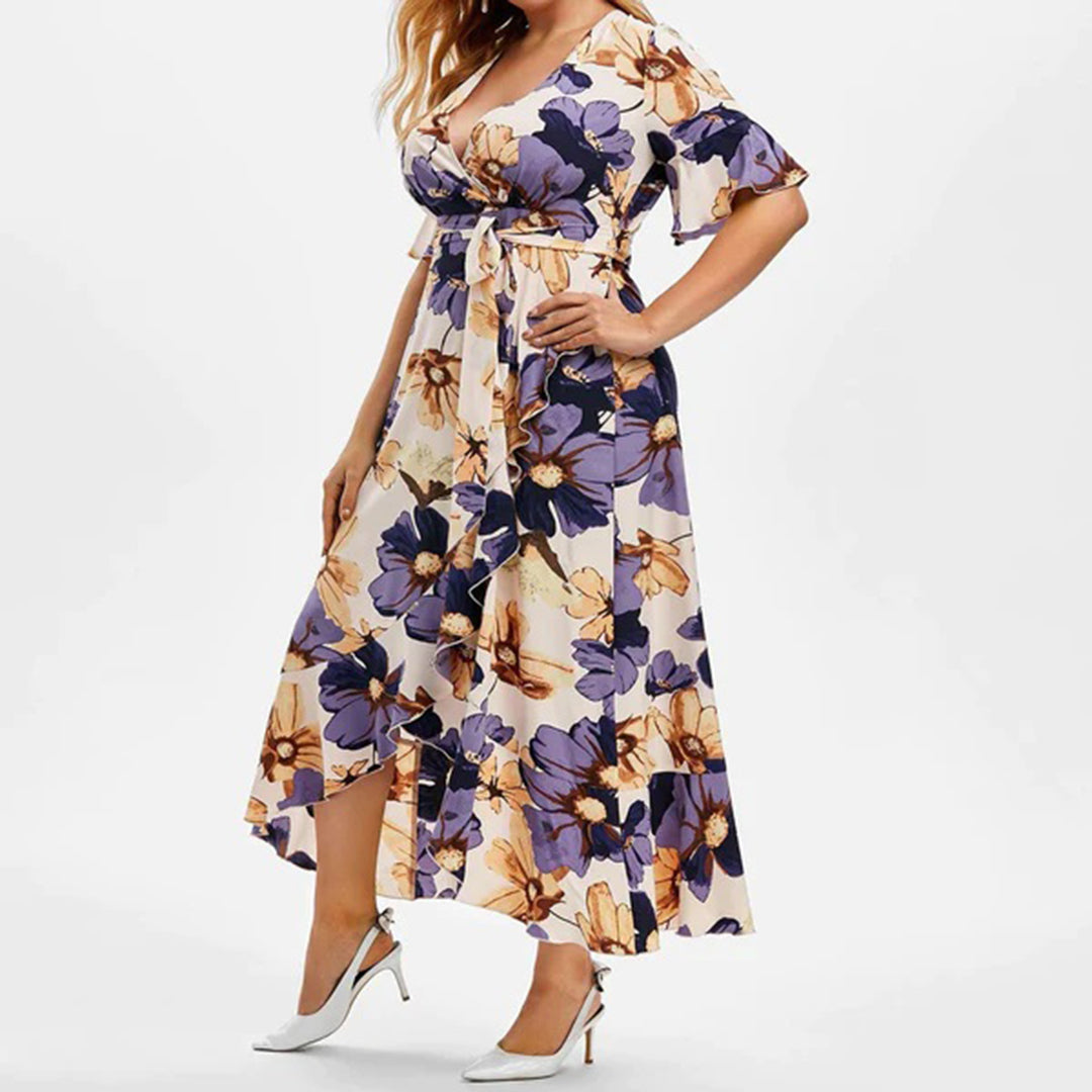 Floral V-Neck Flutter Sleeve Wrap Belted Maxi Dress - View 2