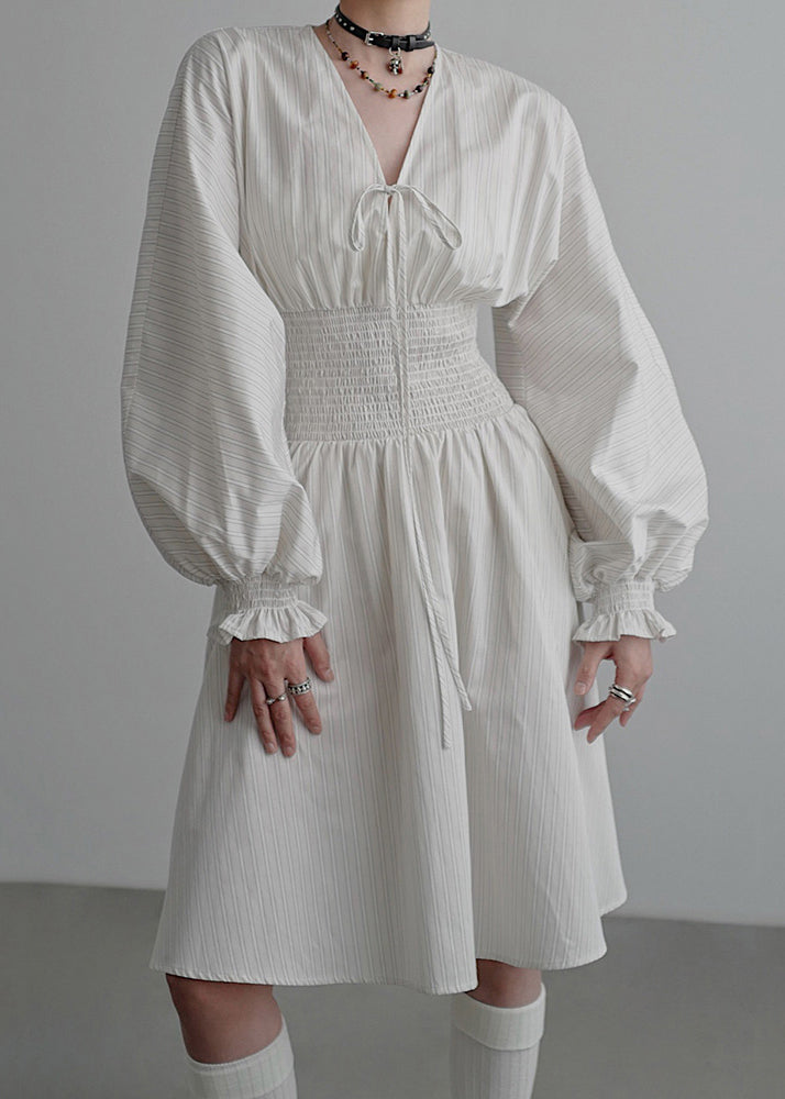 Pinstripe Lantern Sleeve Drawstring V-Neck Smocked Waist Midi Dress