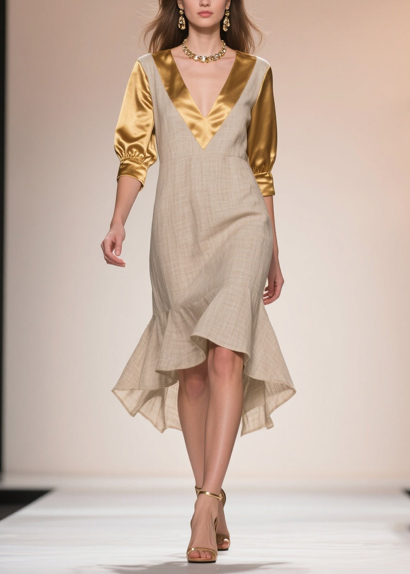 Faux Two-Piece Deep V-Neck Three Quarter Puff Sleeve Midi Dress - View 5