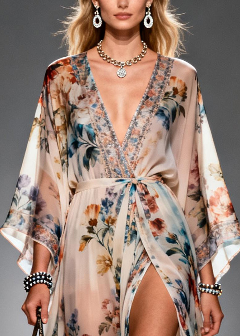 Beige Print Chiffon Maxi Dresses Exra Large Hem Side Open Summer - View 2