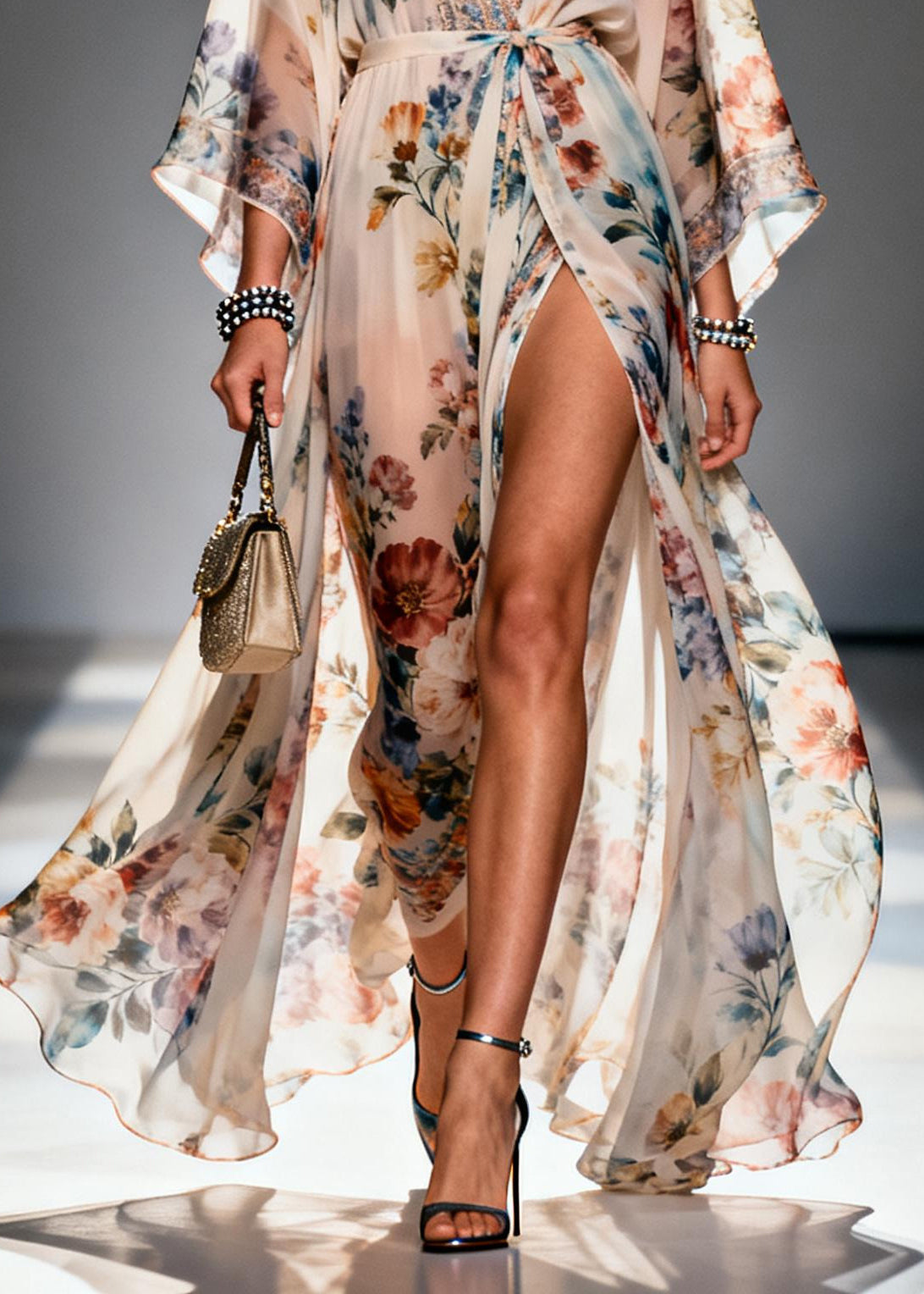 Beige Print Chiffon Maxi Dresses Exra Large Hem Side Open Summer - View 4