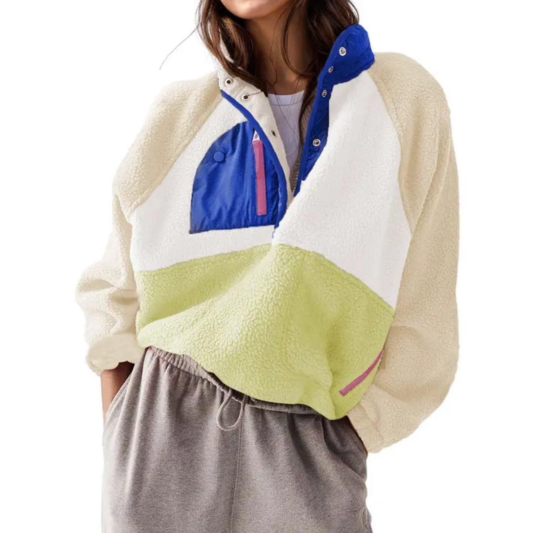 Stand Collar Snap Button Zip Pocket Oversized Sherpa Fleece Pullover 2
