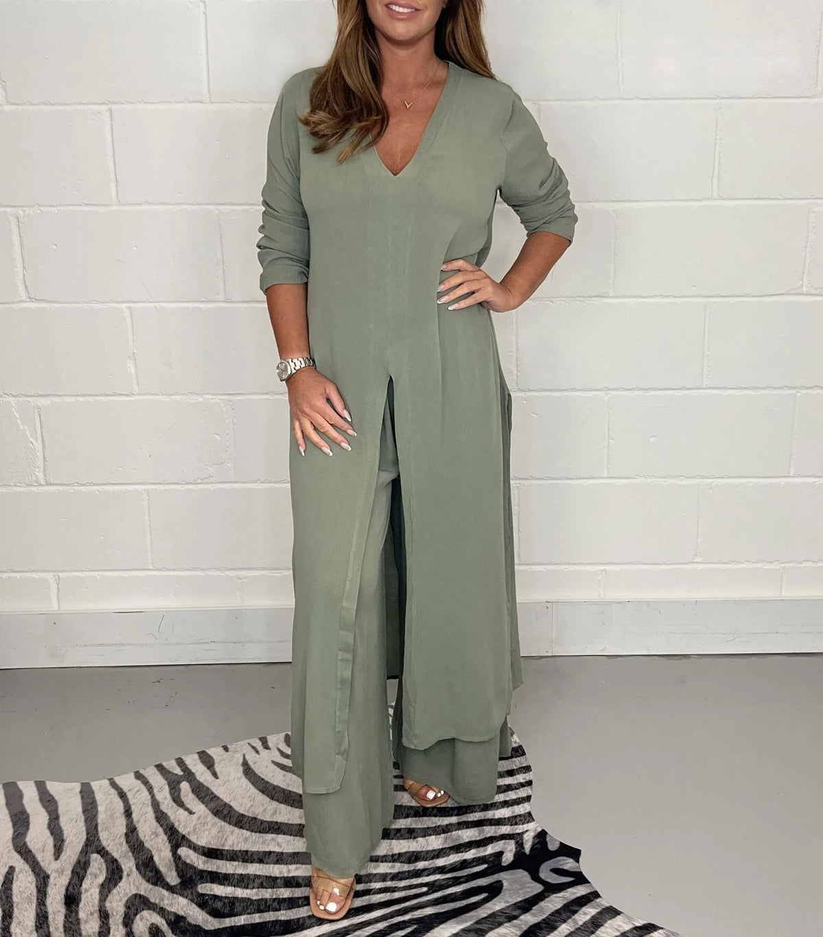 V-Neck Long Split Tunic and Wide Leg Pants Two Piece Set