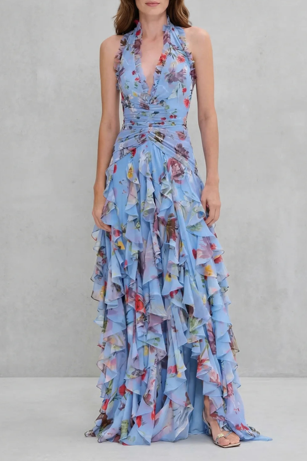 Floral Print Halter Neck Ruffle Tiered Maxi Dress 6