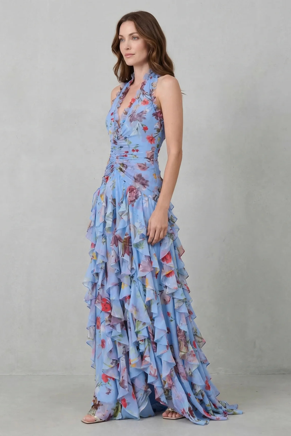 Floral Halter Neck Deep V-Neck Ruffle Tiered Maxi Gown 8