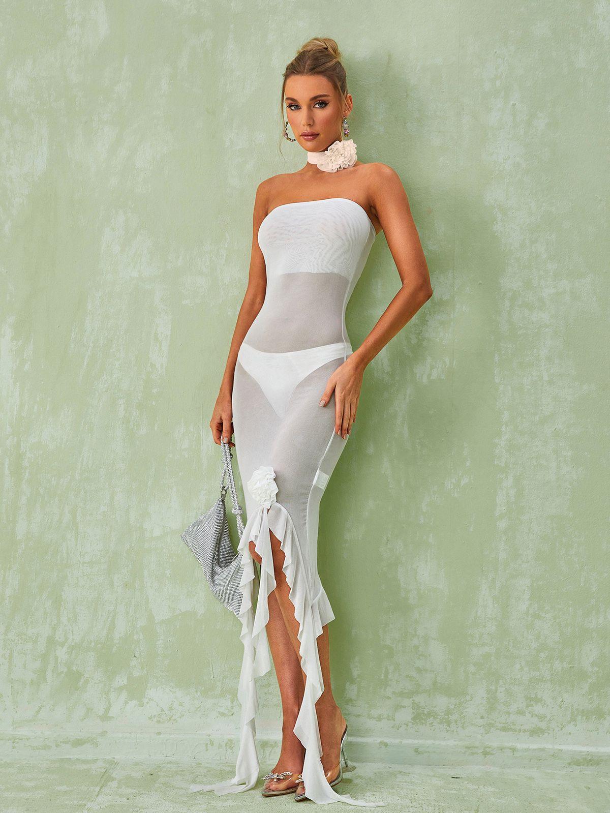 Berry Ruffle Flower Mesh Dress In White