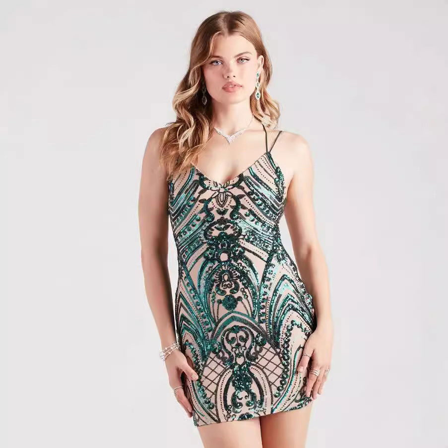 Sequin V-Neck Sleeveless Backless Bodycon Mini Dress in Green