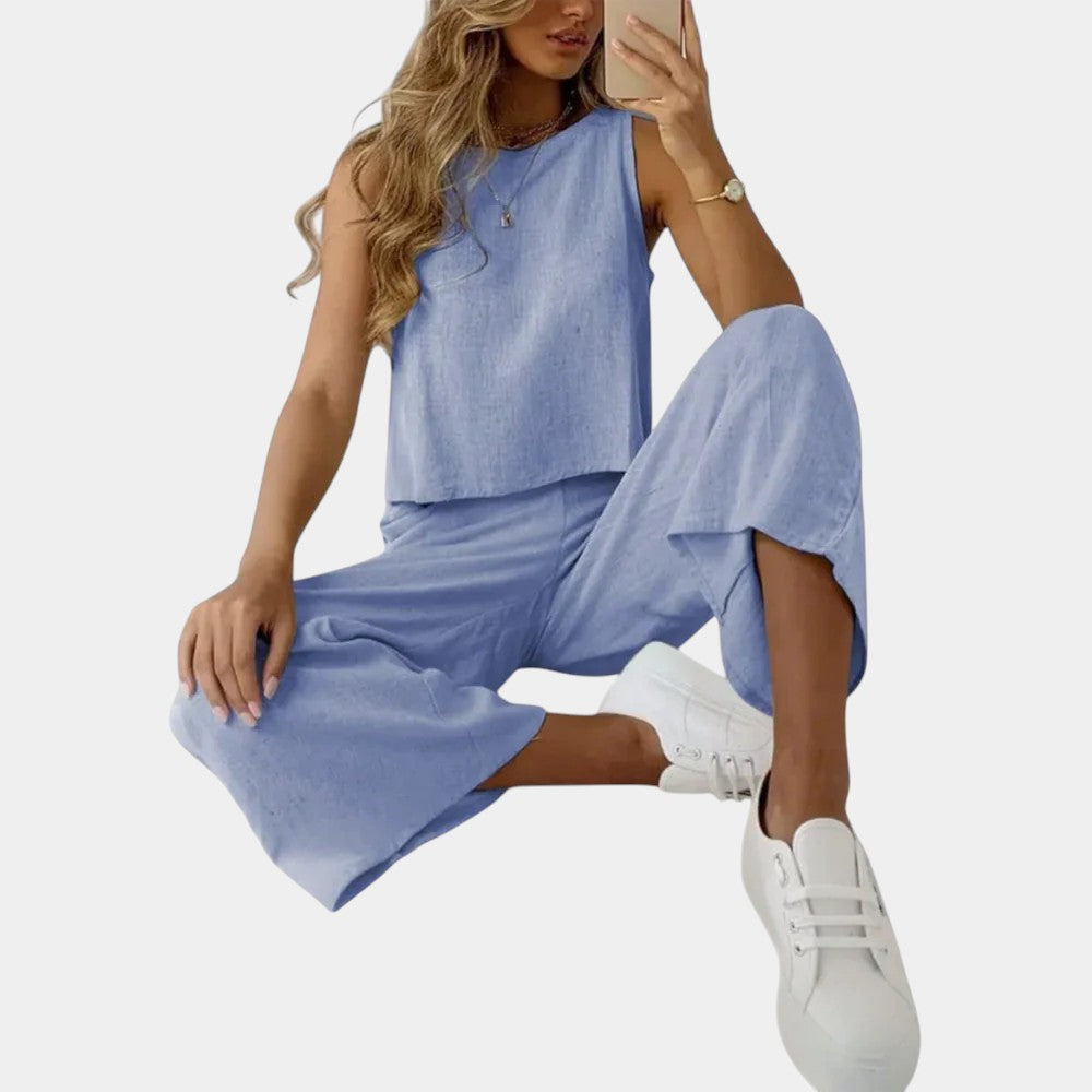 Round Neck Sleeveless Tank and Wide Leg Pants Two Piece Set 2